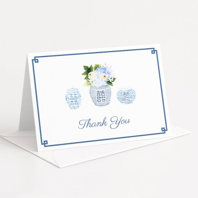 Carte De Remerciements Élégante Femme Ginger Jar Hydrangea Personnalisé (Chinoiserie chic ginger jars filled with watercolor blue and white flowers)