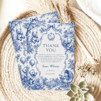 Carte De Remerciements Élégante Fête de Naissance Ourson Toile Bleue