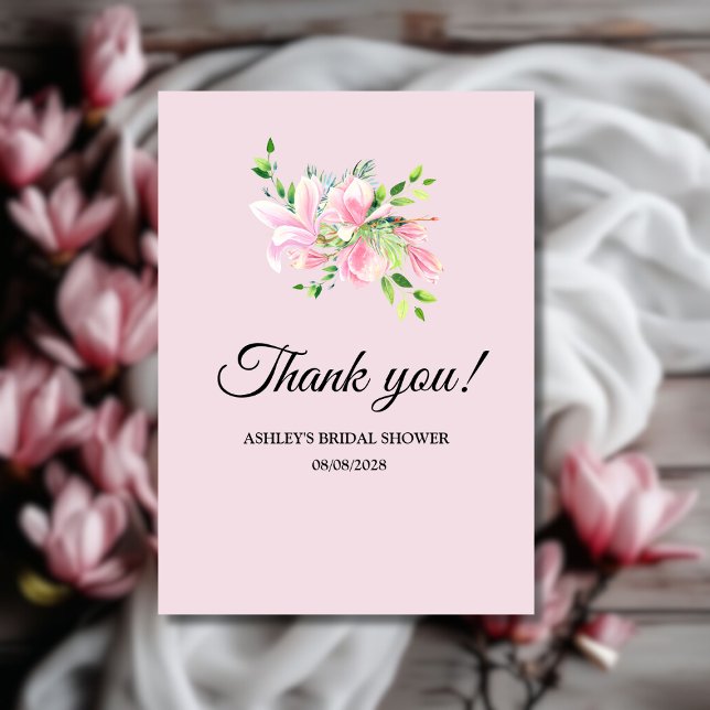 Carte De Remerciements Elégante Fête des mariées couleur rose Magnolia (Elegant Pink Magnolia Watercolor Bridal Shower Thank You Card)
