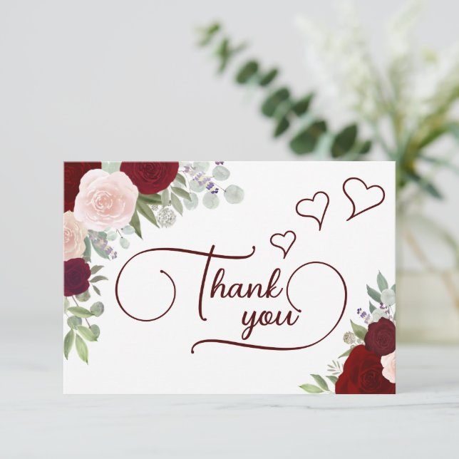 Carte De Remerciements Elégante Fête des mariées Rose de Boho Burgundy &  (Debout devant)