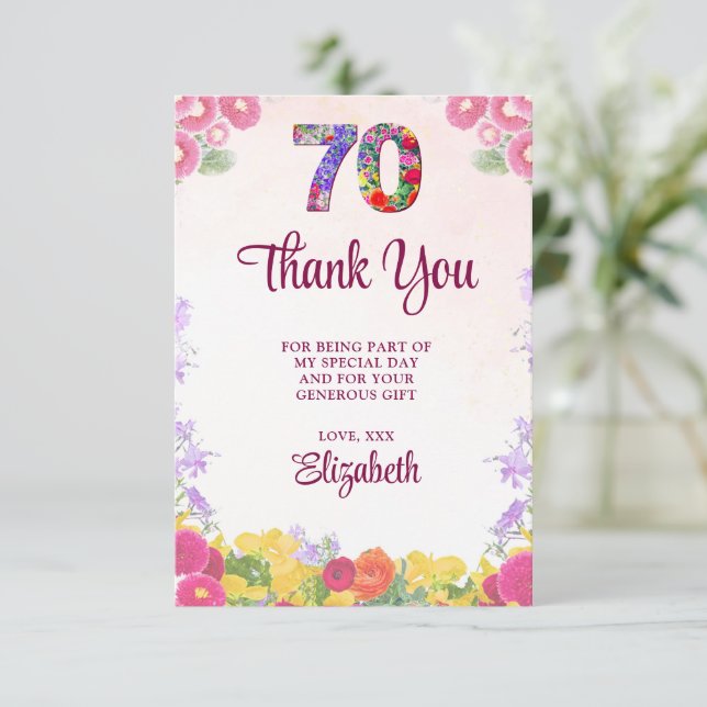 Carte De Remerciements Elégante Fête Florale 70e Anniversaire / 70 Ans (Debout devant)