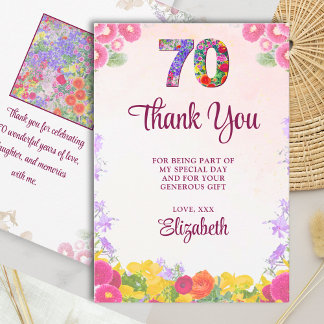 Carte De Remerciements Elégante Fête Florale 70e Anniversaire / 70 Ans