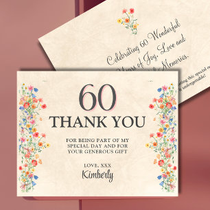 Carte De Remerciements Élégante Fleur 60 ans Fête Florale 60e anniversair