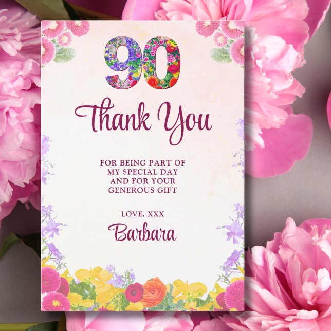 Carte De Remerciements Elégante Fleur 90ème anniversaire / 90 ans (Créateur téléchargé)