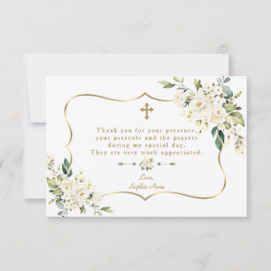 Carte De Remerciements Elégante Fleurs Blanches Gold Frame Girl Baptism