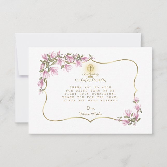 Carte De Remerciements Elégante Fleurs Magnolia Or Première Communion Sai (Devant)