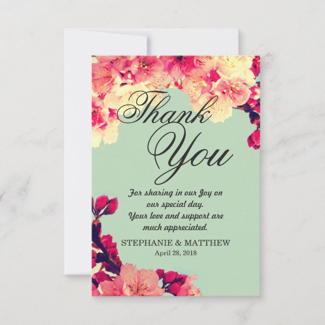Carte De Remerciements Élégante floraison de cerises sur Turquoise rustiq (Devant)