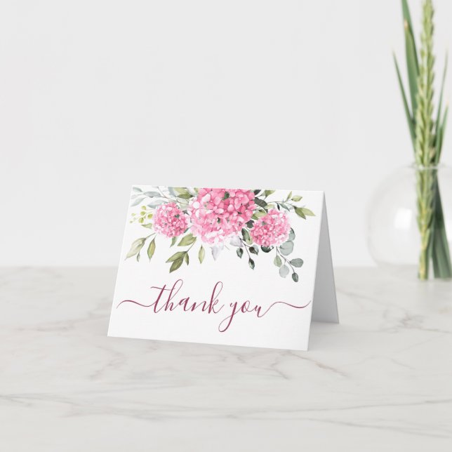 Carte De Remerciements Élégante Hydrangée rose pâle Eucalyptus Floral (Devant)