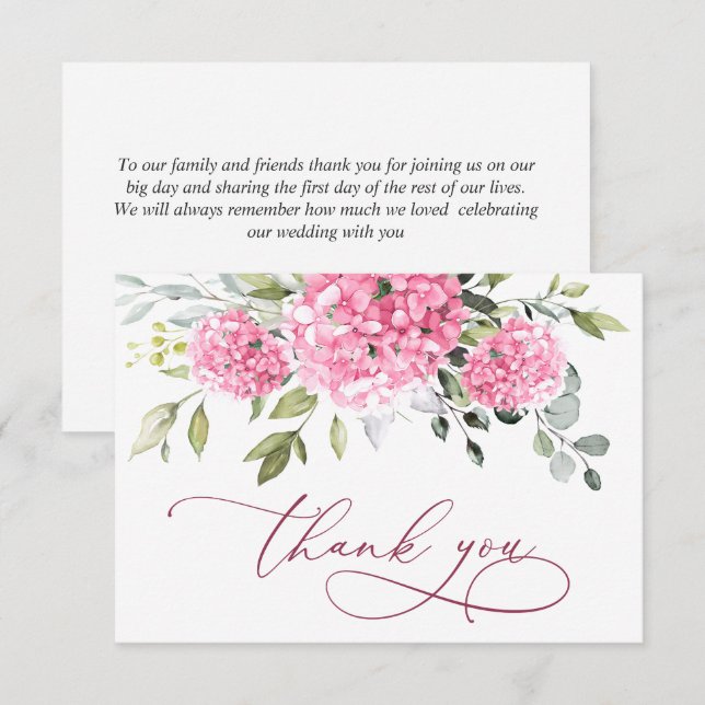 Carte De Remerciements Élégante Hydrangée rose pâle Eucalyptus Floral (Devant / Derrière)