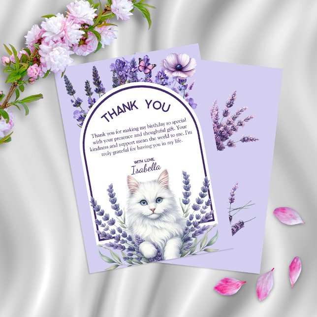 Carte De Remerciements Elégante Lavande et Chat Blanc Anniversaire (Créateur téléchargé)