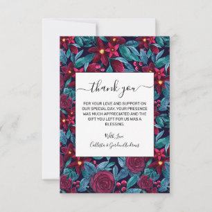 Carte De Remerciements Elégante marine Bourgogne Noël Floral Aquarelle