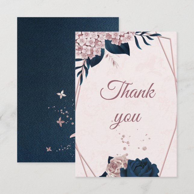 Carte De Remerciements élégante marine et poussiéreuse fleurs roses géomé (Devant / Derrière)
