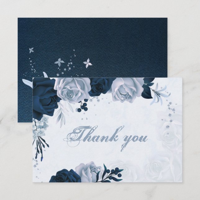 Carte De Remerciements élégante marine & fleurs bleues poussiéreuses bota (Devant / Derrière)