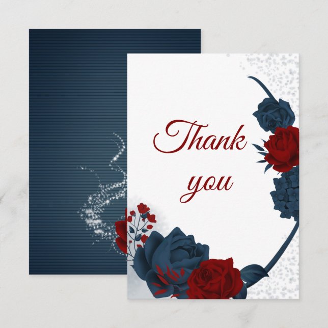 Carte De Remerciements élégante marine & fleurs rouges botanique (Devant / Derrière)