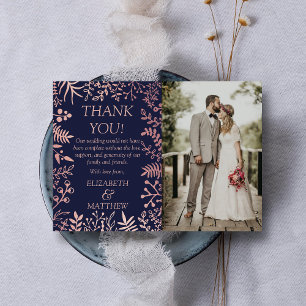 Carte De Remerciements Elégante Marine & Rose Gold Floral Mariage Photo