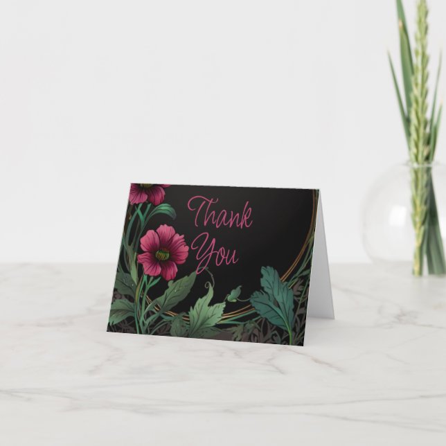 Carte De Remerciements Élégante moody victorienne vert foncé rose floral (Devant)