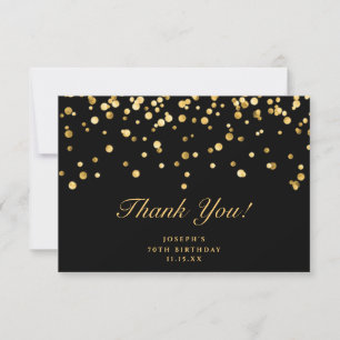 Carte De Remerciements Elégante Noir & Or Confetti 70e fête d'anniversair