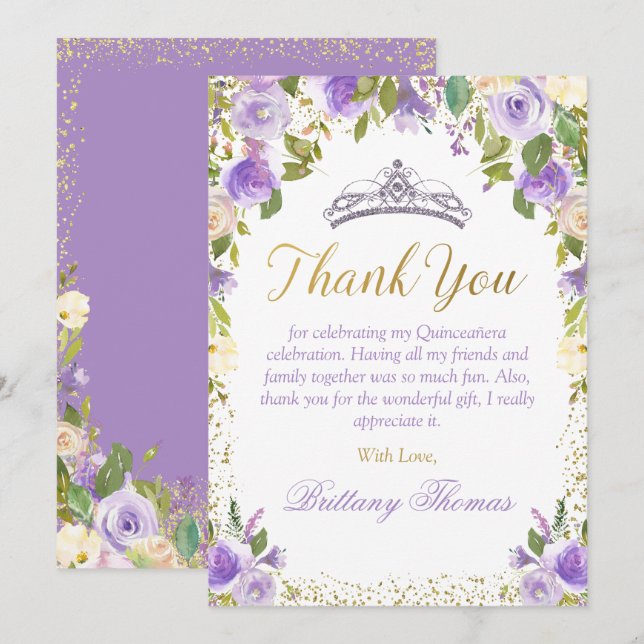 Carte De Remerciements Élégante Parkle Florale Purple Or Quinceanera (Devant / Derrière)