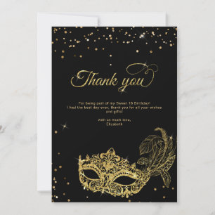 Carte De Remerciements Elégante Parties scintillant d'or noir Masquerade 