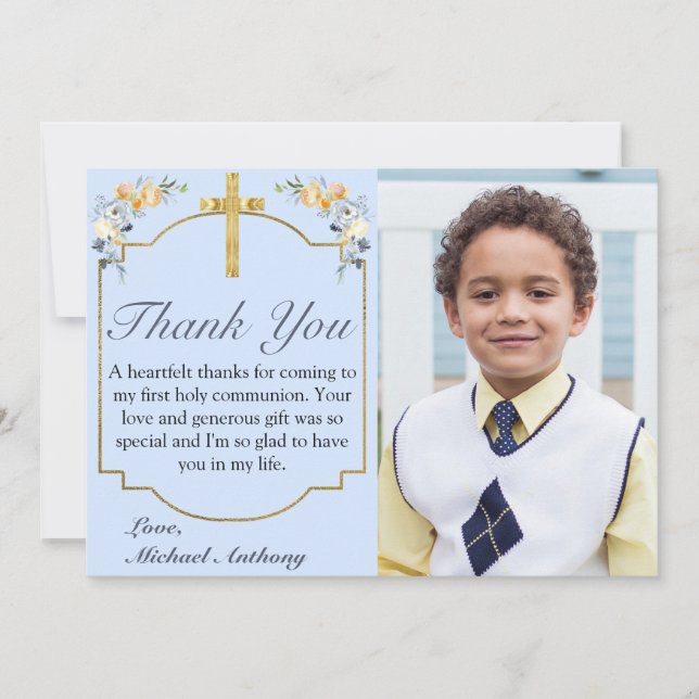 Carte De Remerciements Elégante Pêche Bleue Florale 1ère Sainte Communion (Devant)