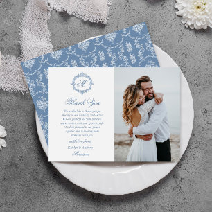 Carte De Remerciements Élégante photo de mariage en toile de Jouy bleue v