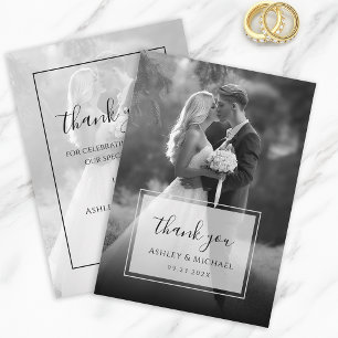 Carte De Remerciements Élégante Photo de Mariage Noir & Blanc Écriture Mo
