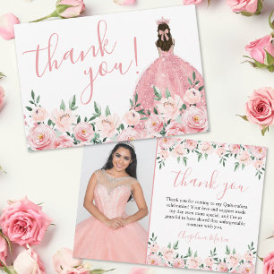 Carte De Remerciements Élégante Photo de Quinceañera aux Fleurs Roses