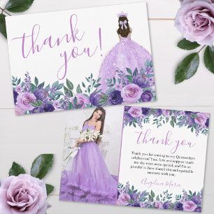 Carte De Remerciements Élégante Photo de Quinceañera Fleurie Violette