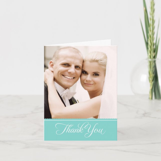 Carte De Remerciements Elégante photo d'un Mariage bleu à bascule Aqua (Devant)