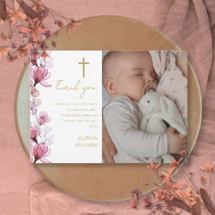 Carte De Remerciements Élégante Photo Fleur Rose Baptême