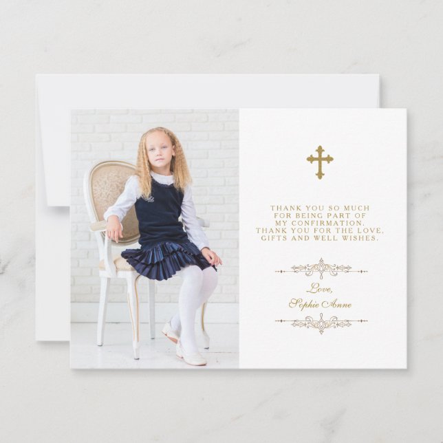 Carte De Remerciements Elégante Photo Girl Gold Cross Confirmation (Devant)