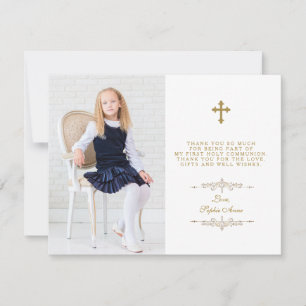 Carte De Remerciements Elégante Photo Girl Gold Cross First Holy Communio