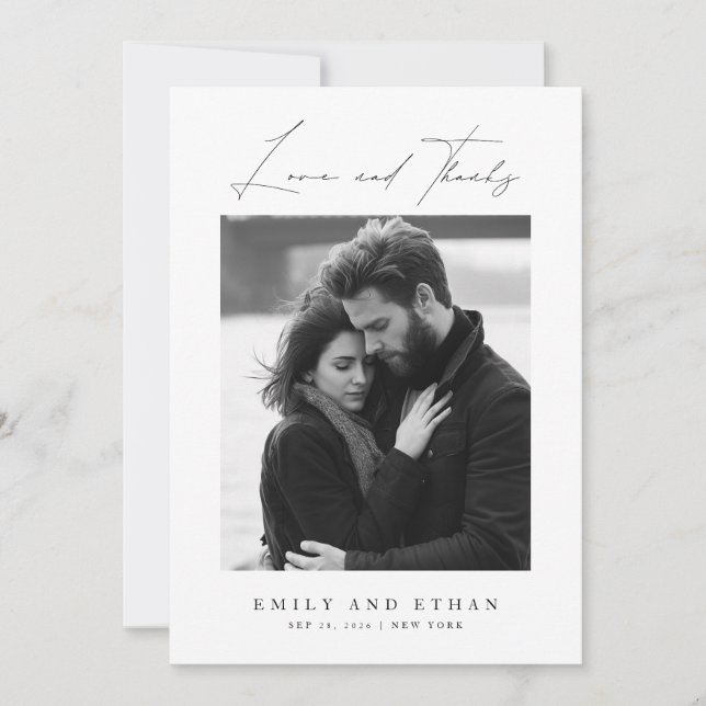 Carte De Remerciements Élégante photo Mariage noir et blanc (Devant)