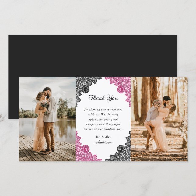 Carte De Remerciements Élégante photo Mariage rose chaud et noir floral (Devant / Derrière)