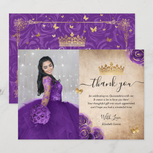 Carte De Remerciements Élégante Quinceañera Photo Anniversaire Violet et 