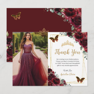 Carte De Remerciements Élégante Quinceañera Roses Bourguignon Floral Phot