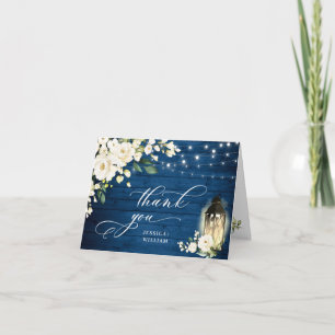 Carte De Remerciements Élégante Roses blanches Lanterne en bois bleu