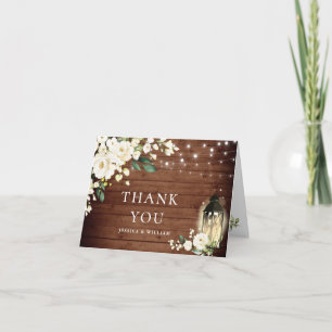 Carte De Remerciements Élégante Roses blanches Lanterne en bois rustique