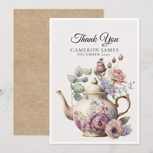Carte De Remerciements Elégante Teapot Aquarelle Floral Tea Party (Devant / Derrière)