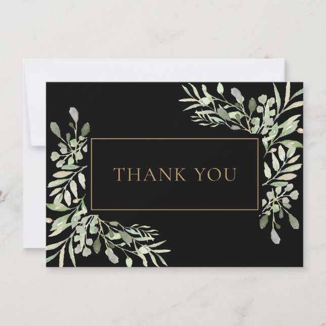 Carte De Remerciements Elégante verdure Aquarelle Feuille Or Noir (Devant)