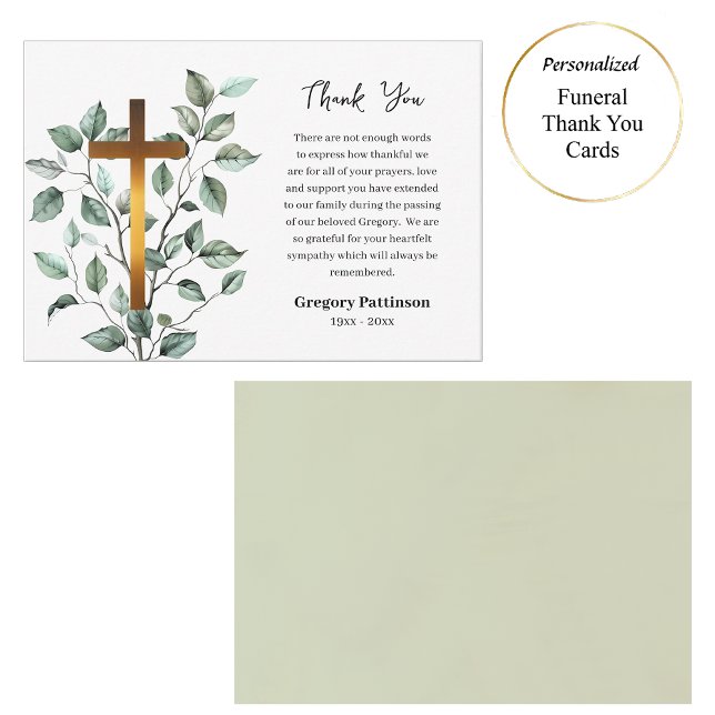 Carte De Remerciements Élégante verdure Cuivre Croix Catholique Funéraill (Créateur téléchargé)