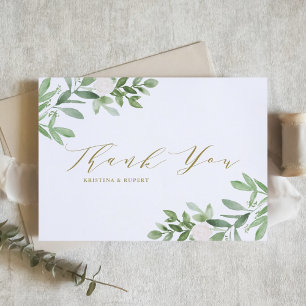 Carte De Remerciements Élégante verdure et fleurs blanches Mariage or