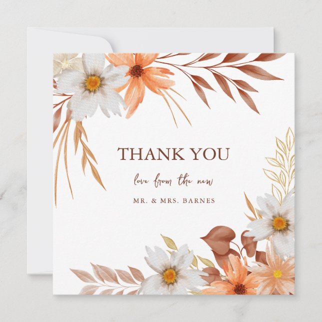Carte De Remerciements Élégantes fleurs d'aquarelle du Mariage d'automne (Devant)
