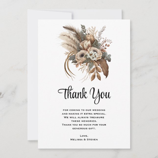Carte De Remerciements Élégantes Fleurs Foliage et Plumes Mariage (Devant)