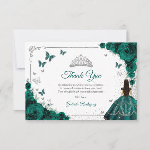 Carte De Remerciements Élégantes Roses Vert Émeraude Quinceanera Argent