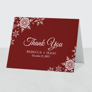 Carte De Remerciements Élégants Snowflakes Plaid Mariage rouge foncé