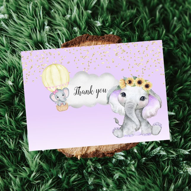 Carte De Remerciements Eléphant à air chaud ballon Baby shower violet (Créateur téléchargé)