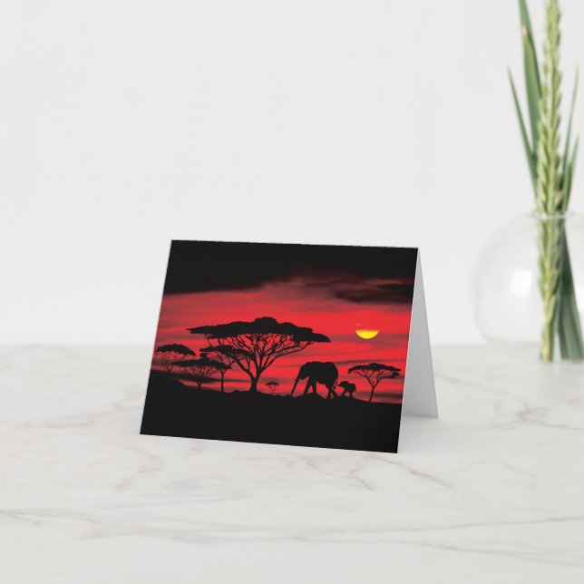 Carte De Remerciements Eléphant africain et coucher de soleil du Serenget (Devant)
