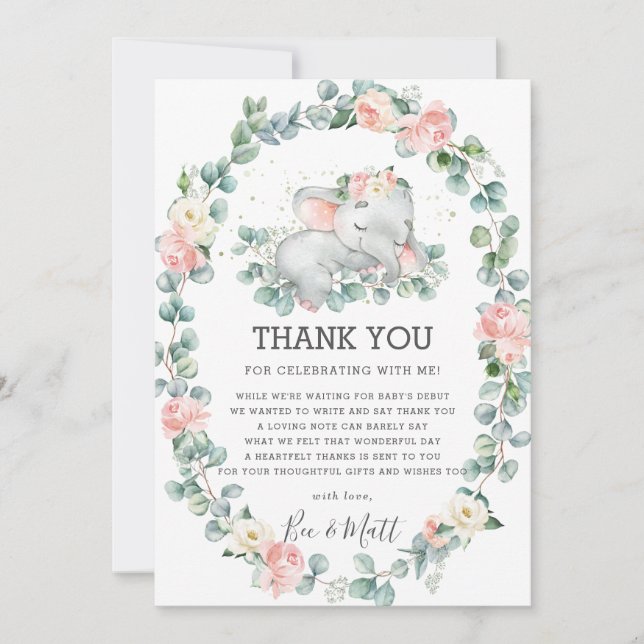 Carte De Remerciements Eléphant Baby shower rose Floral vert fille (Devant)