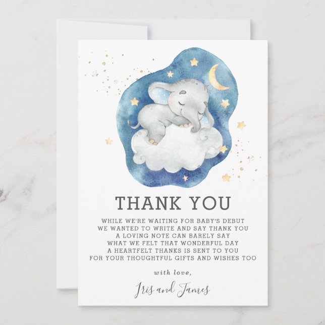 Carte De Remerciements Eléphant couché Twinkle Star Baby shower garçon (Devant)